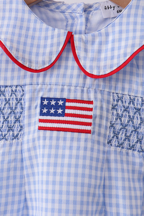 Blue flag smocked peter pan collar gingham bubble