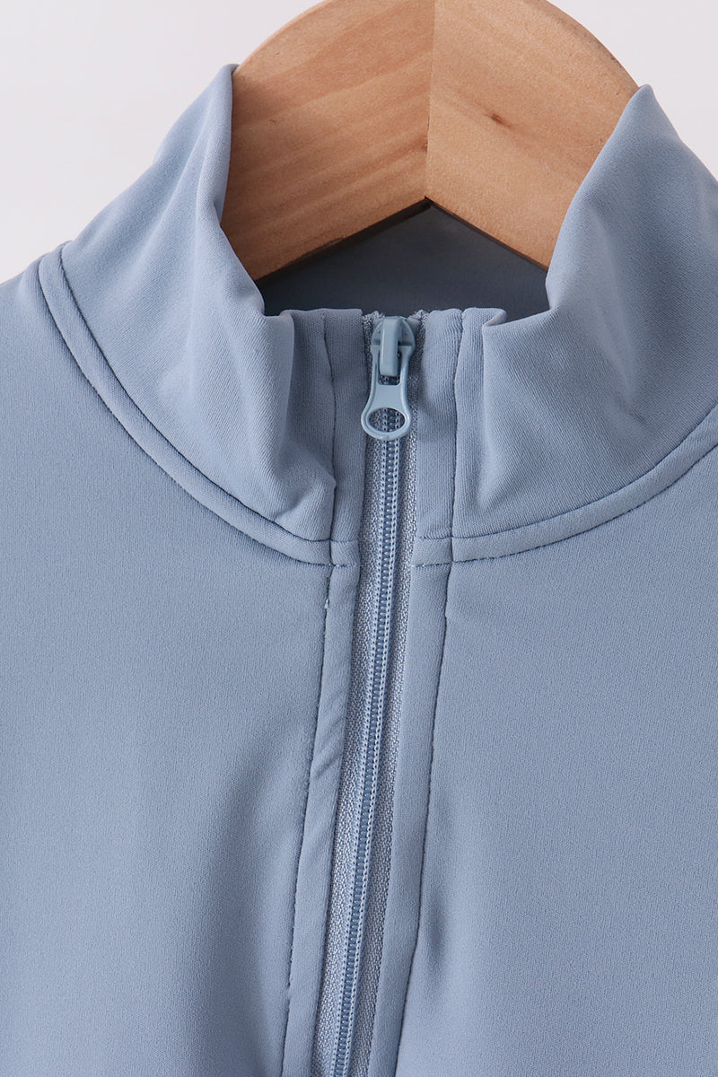 Dusty slate blue scallped zipper active set