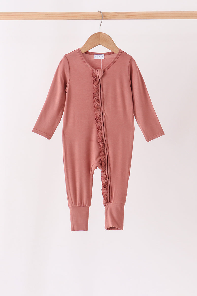 Dusty rose ruffle zipper bamboo anti-slip romper
